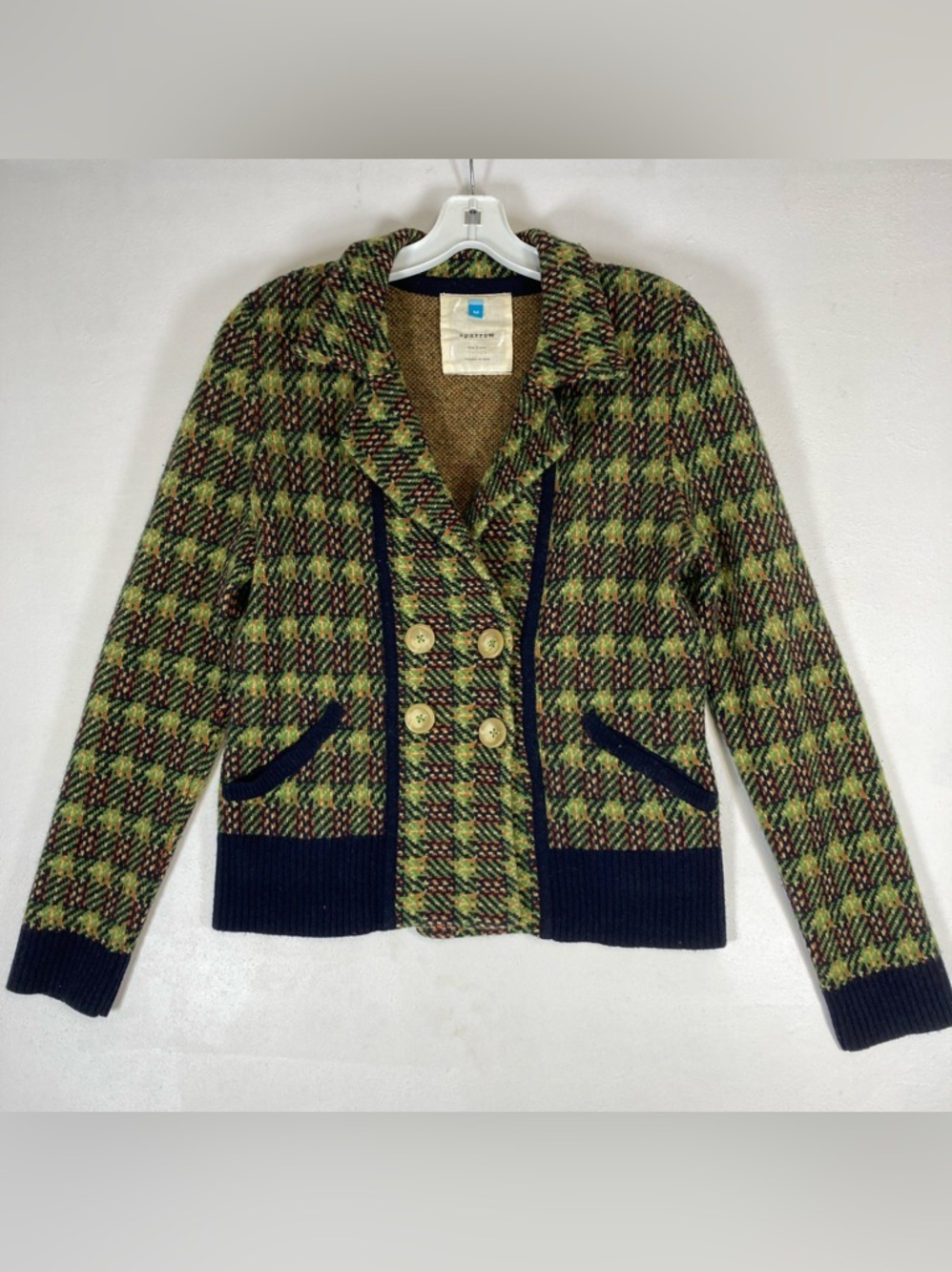 Sparrow Anthropologie Jacket Womens Medium Green Lambswool Cardigan Houndstooth - Picture 1 of 15